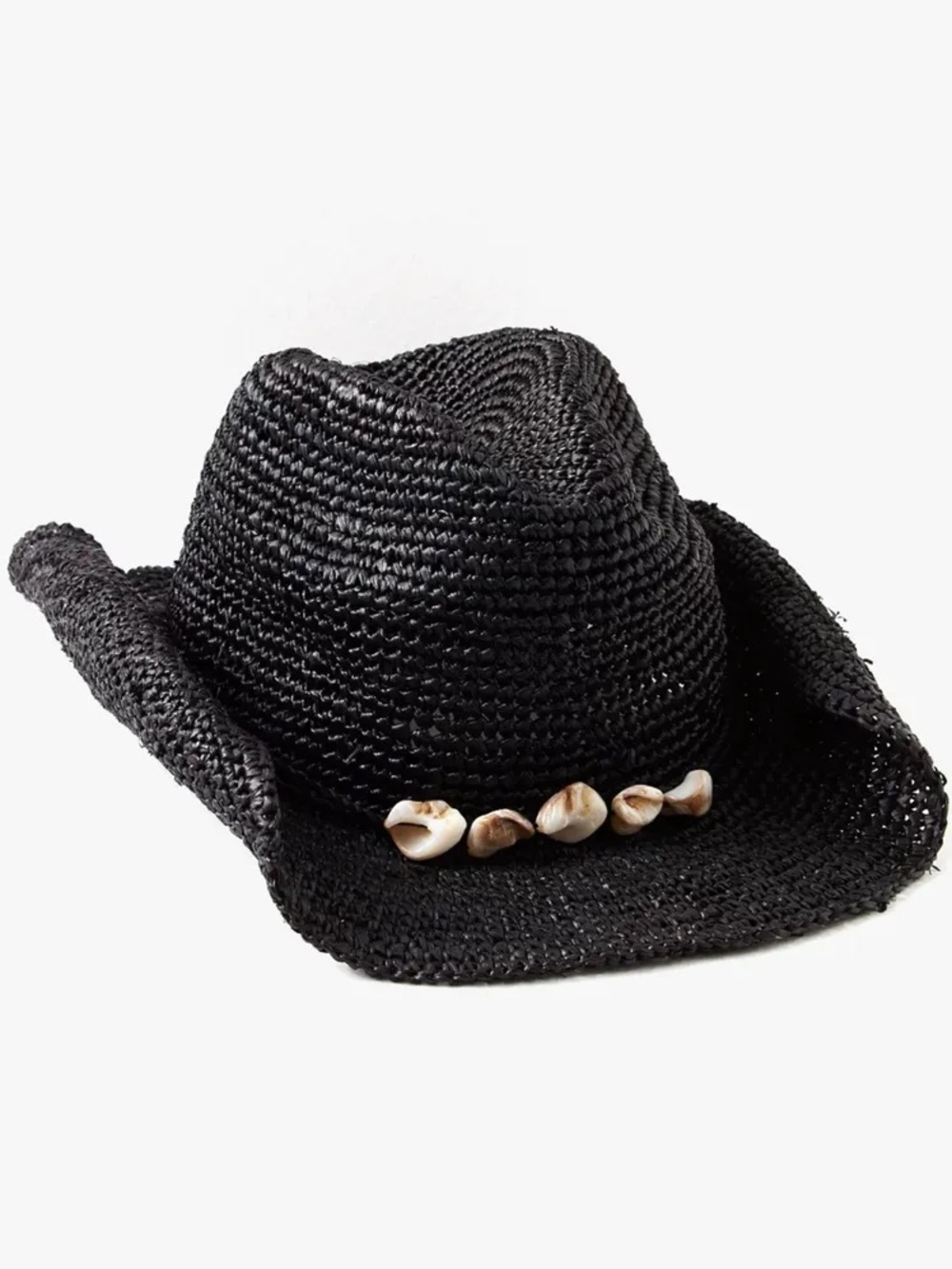 FREE PEOPLE Stoned Love Straw Cowboy Hat Black Seashells Coastal Cowgirl
